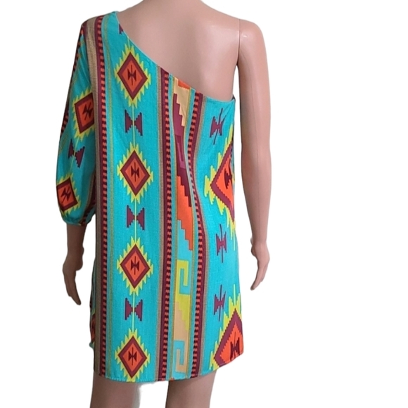 DEJAVU  Women's Mini Dress Green abstract Print 1‎ Shoulder Size S Small - Picture 11 of 13